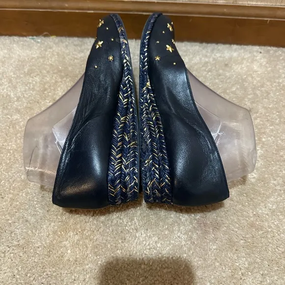 Stuart Weitzman Women’s Blue Leather Gold Star Wedge Loafers Size‎ 8.5