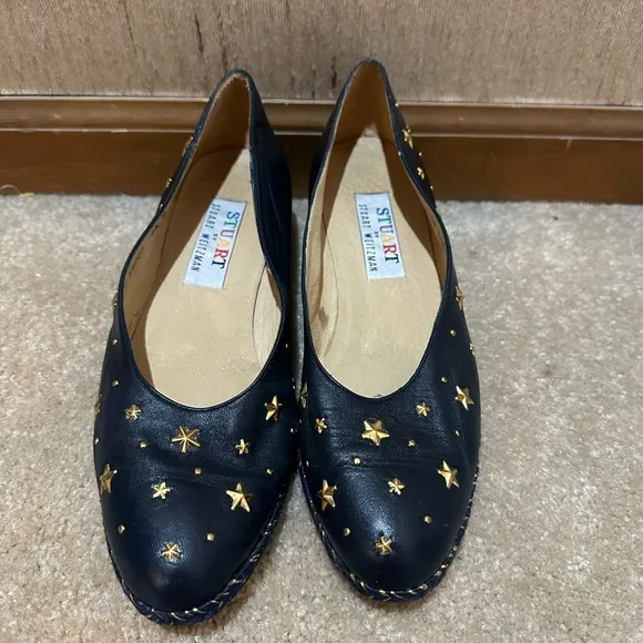 Stuart Weitzman Women’s Blue Leather Gold Star Wedge Loafers Size‎ 8.5