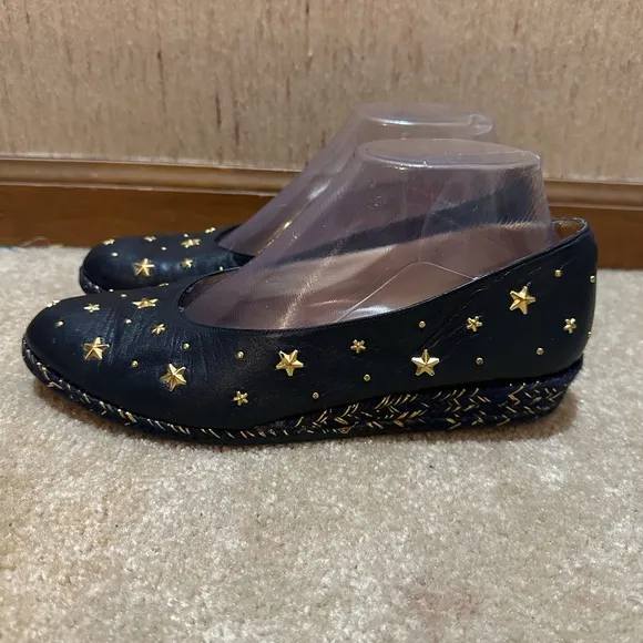 Stuart Weitzman Women’s Blue Leather Gold Star Wedge Loafers Size‎ 8.5