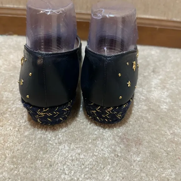 Stuart Weitzman Women’s Blue Leather Gold Star Wedge Loafers Size‎ 8.5