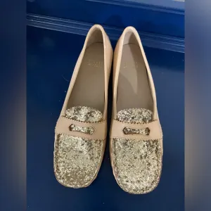 Stuart Weizmann Glitter Gold Leather Loafers Size 7.5