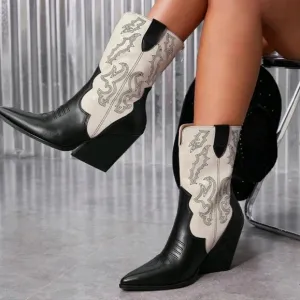 Styleloop Women's Stylish Two-Tone Contrast Stitching Detail Wedge Heel Boots