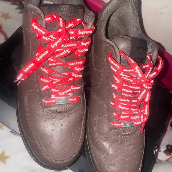 Supreme Brown Sneakers with Red Highlights