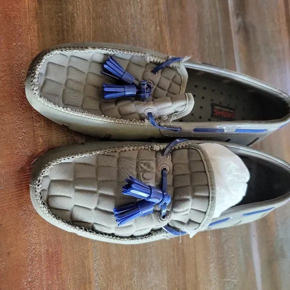 SWIMS Gray and Blue Woven Leather Rubber Tassel Slip-On Boat Shoes Loafers Sz 6