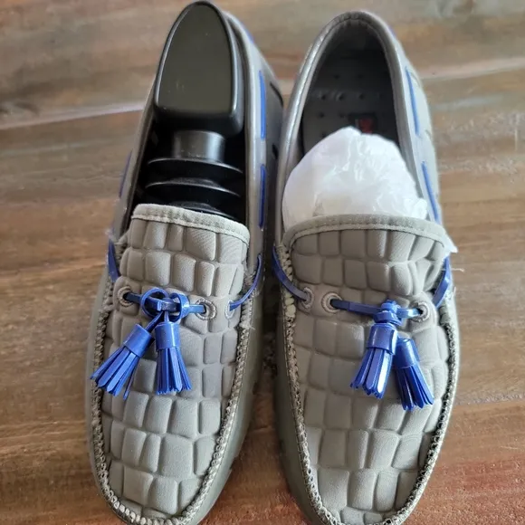 SWIMS Gray and Blue Woven Leather Rubber Tassel Slip-On Boat Shoes Loafers Sz 6