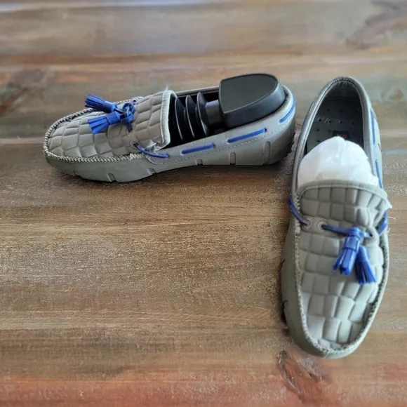 SWIMS Gray and Blue Woven Leather Rubber Tassel Slip-On Boat Shoes Loafers Sz 6