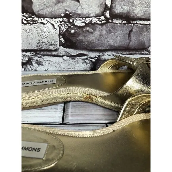 Tabitha Simmons Metallic Gold Leather Bow Slides Espadrilles Sandals Women 6.5M