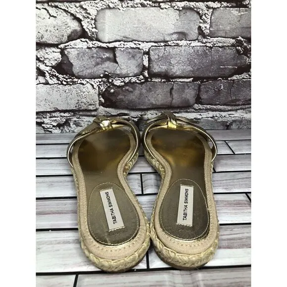 Tabitha Simmons Metallic Gold Leather Bow Slides Espadrilles Sandals Women 6.5M