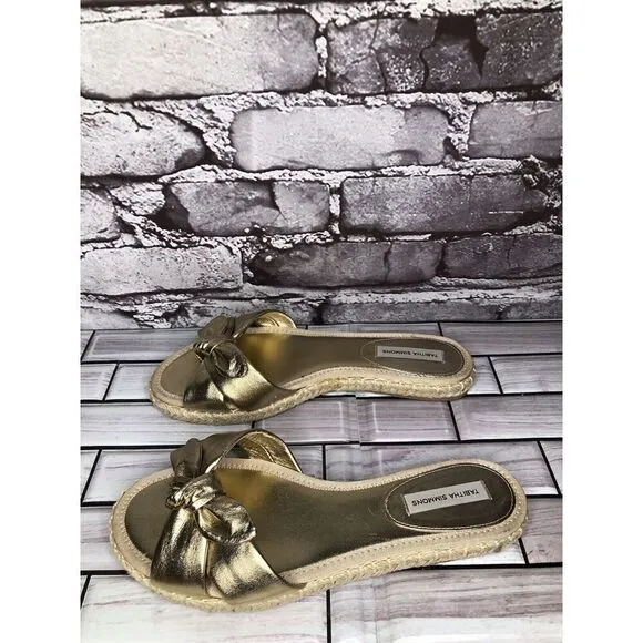Tabitha Simmons Metallic Gold Leather Bow Slides Espadrilles Sandals Women 6.5M