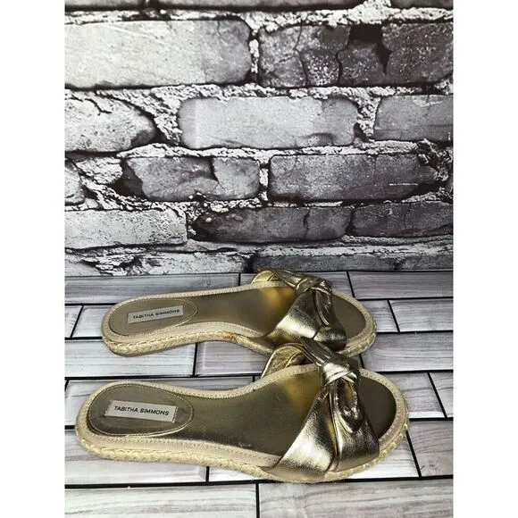 Tabitha Simmons Metallic Gold Leather Bow Slides Espadrilles Sandals Women 6.5M