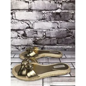 Tabitha Simmons Metallic Gold Leather Bow Slides Espadrilles Sandals Women 6.5M