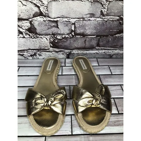 Tabitha Simmons Metallic Gold Leather Bow Slides Espadrilles Sandals Women 6.5M