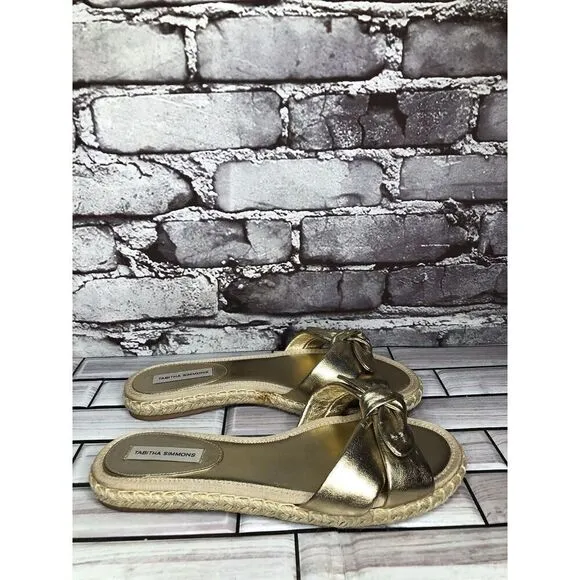 Tabitha Simmons Metallic Gold Leather Bow Slides Espadrilles Sandals Women 6.5M