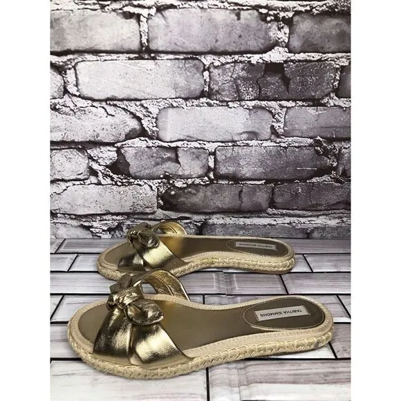 Tabitha Simmons Metallic Gold Leather Bow Slides Espadrilles Sandals Women 6.5M