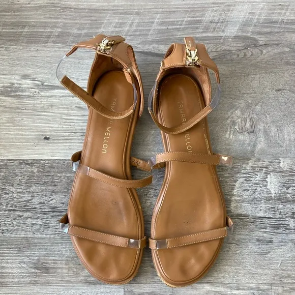 Tamara Mellon Honey Nappa Leather Flatline Sandals 5mm Heels Size 39