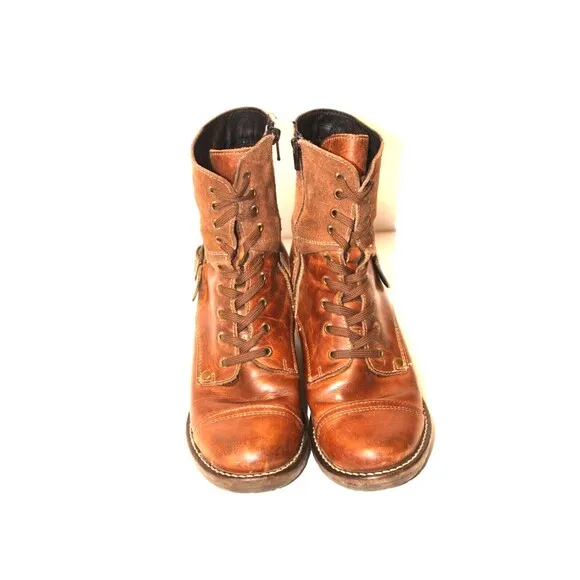 TAOS Brown Moto Y2K Combat Boots Leather Side Zip Buckle Womens Sz 38 US 7.5