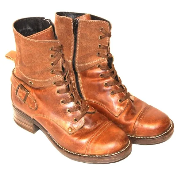 TAOS Brown Moto Y2K Combat Boots Leather Side Zip Buckle Womens Sz 38 US 7.5