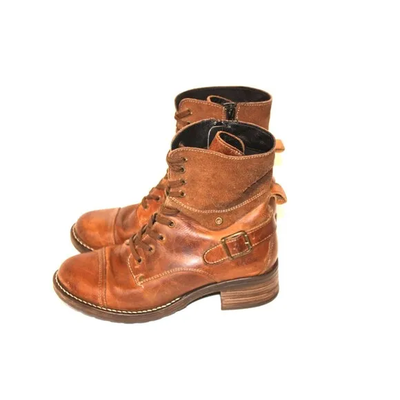 TAOS Brown Moto Y2K Combat Boots Leather Side Zip Buckle Womens Sz 38 US 7.5