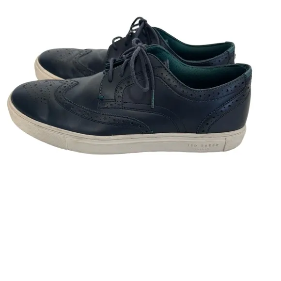 Ted Baker Leather Brogue Wing Tip Lace Up White Sole Sneakers Navy Blue Sz 44