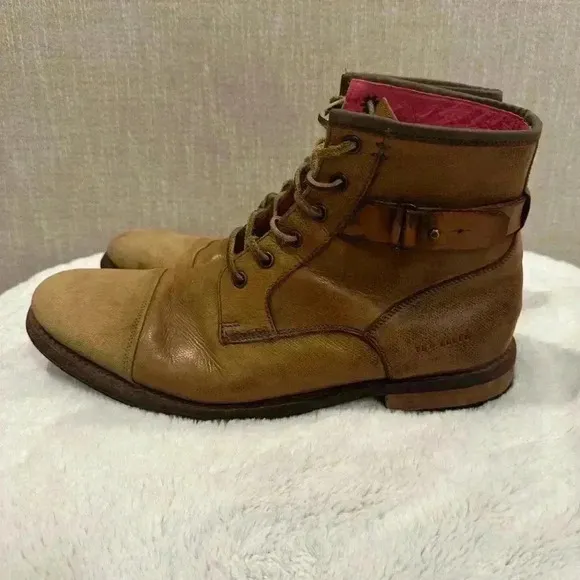 Ted Baker Men's Brown Leather Lace Up Canvas Cap Toe Lug Sole Boots Size 11