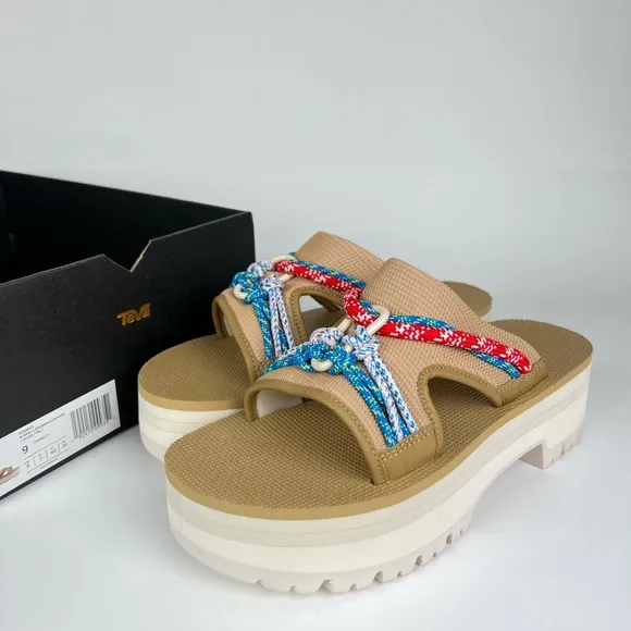 TEVA Indio Carabiner Slide Rope Festival Platform Sandals Tan NEW Size 9 Geta