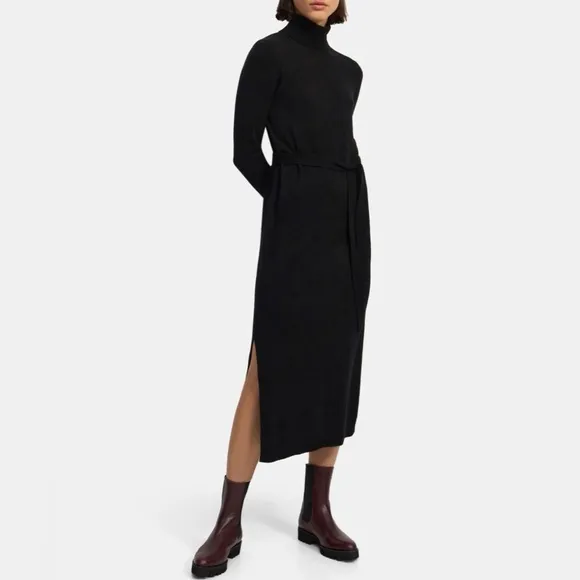 Theory Belted Midi Dress in Cashmere Black Size Large K0918740