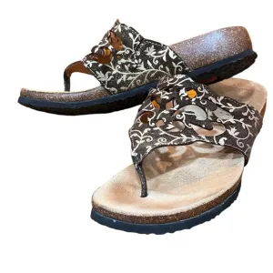 Think! Brown Gold Flip Flops Metallic Sandals Cut Out Floral Brocade Cork Insole