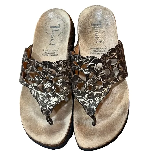 Think! Brown Gold Flip Flops Metallic Sandals Cut Out Floral Brocade Cork Insole