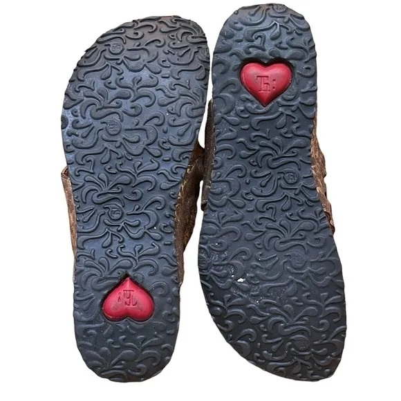 Think! Brown Gold Flip Flops Metallic Sandals Cut Out Floral Brocade Cork Insole