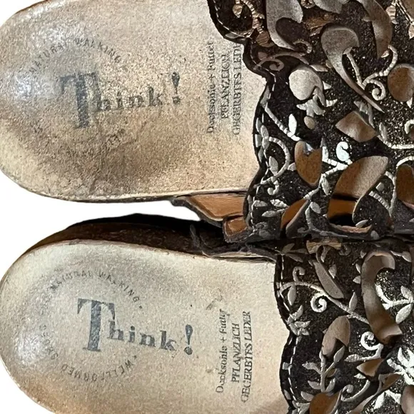 Think! Brown Gold Flip Flops Metallic Sandals Cut Out Floral Brocade Cork Insole