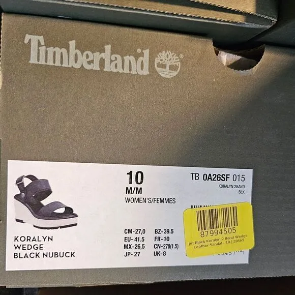 Timberland Koralyn Women's Band Wedge Nubuck Sandals in Black Size 10 NEW