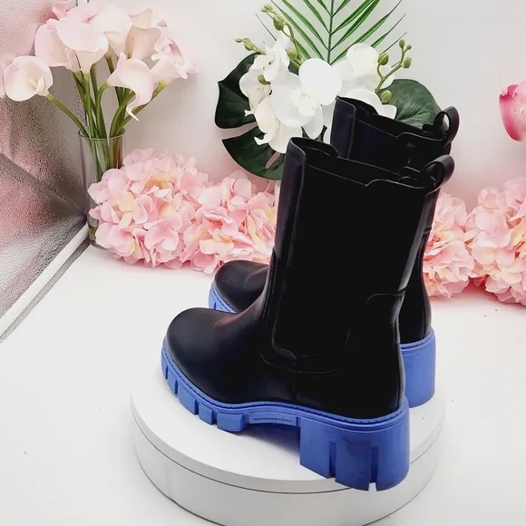TINSTREE Lug Sole Platform Boots Mid Calf Elastic Chunky Block Heel Leather Boot