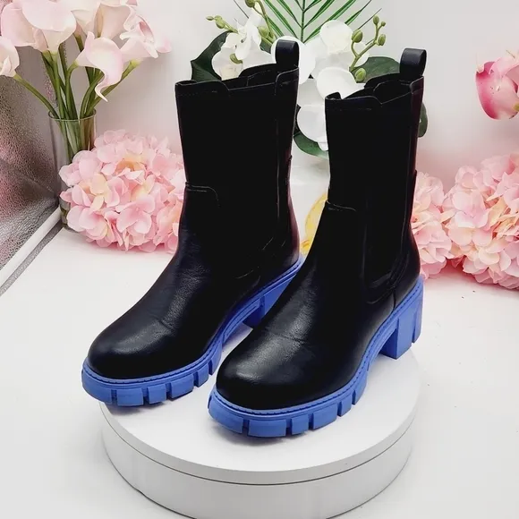 TINSTREE Lug Sole Platform Boots Mid Calf Elastic Chunky Block Heel Leather Boot