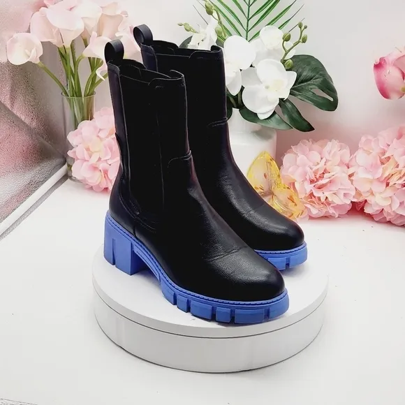 TINSTREE Lug Sole Platform Boots Mid Calf Elastic Chunky Block Heel Leather Boot