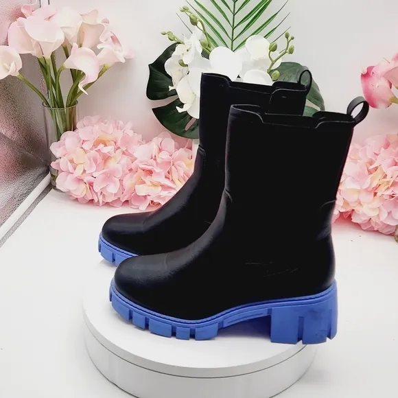TINSTREE Lug Sole Platform Boots Mid Calf Elastic Chunky Block Heel Leather Boot