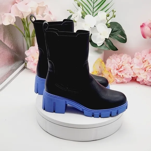 TINSTREE Lug Sole Platform Boots Mid Calf Elastic Chunky Block Heel Leather Boot