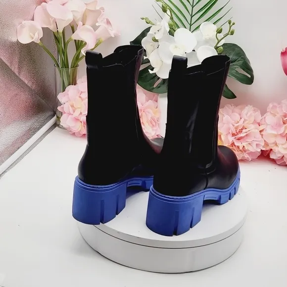 TINSTREE Lug Sole Platform Boots Mid Calf Elastic Chunky Block Heel Leather Boot