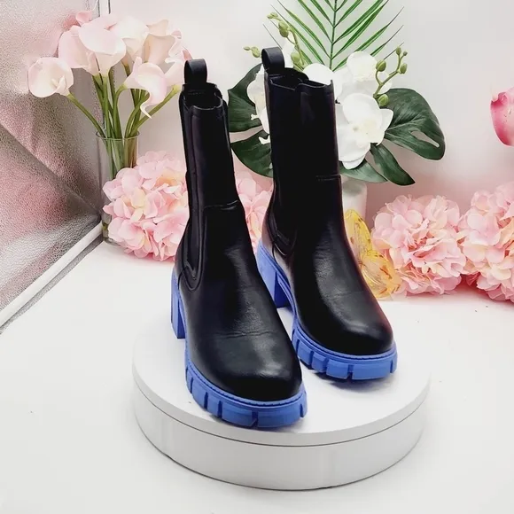TINSTREE Lug Sole Platform Boots Mid Calf Elastic Chunky Block Heel Leather Boot