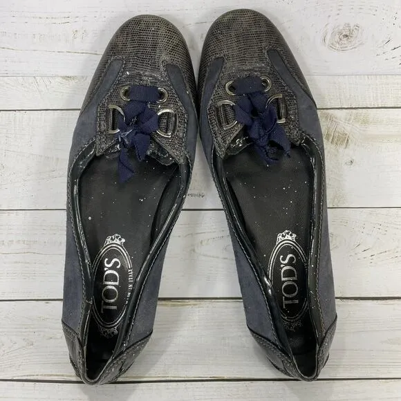 Tod's Black Patent Leather And Suede Lace up Loafers Size 36.5 US Size 6.5