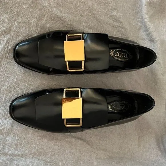 Tod's‎ black patent leather shiny gold metal buckle strap wedge Loafers size 39