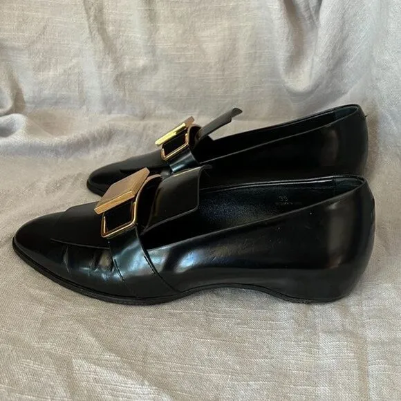 Tod's‎ black patent leather shiny gold metal buckle strap wedge Loafers size 39