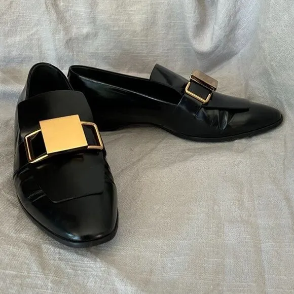 Tod's‎ black patent leather shiny gold metal buckle strap wedge Loafers size 39