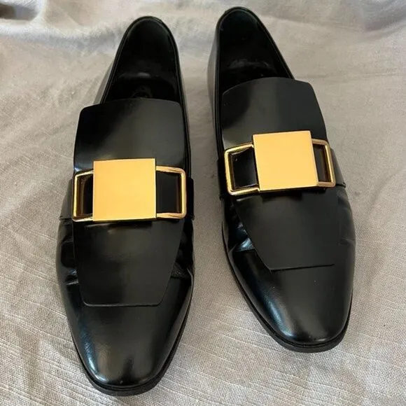 Tod's‎ black patent leather shiny gold metal buckle strap wedge Loafers size 39
