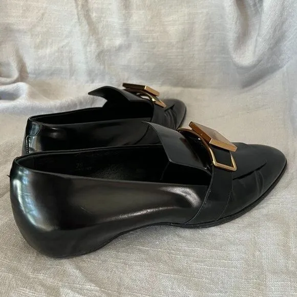 Tod's‎ black patent leather shiny gold metal buckle strap wedge Loafers size 39