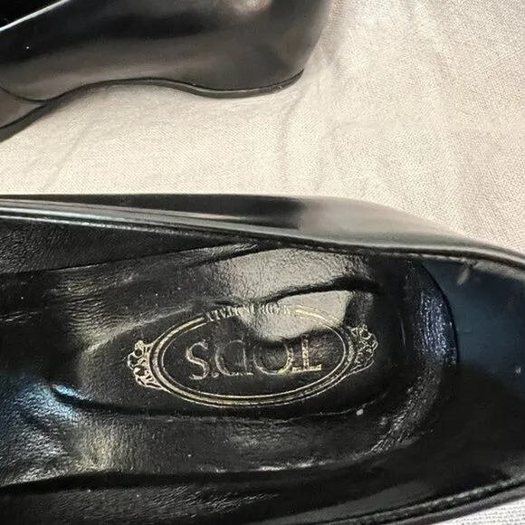Tod's‎ black patent leather shiny gold metal buckle strap wedge Loafers size 39