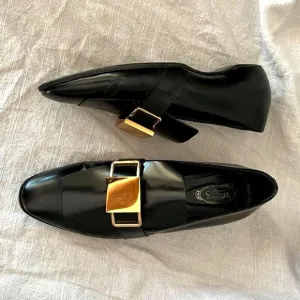 Tod's‎ black patent leather shiny gold metal buckle strap wedge Loafers size 39