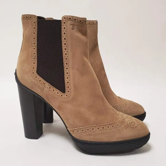 TOD'S BOOTS ANKLE BEIGE SUEDE LEATHER BROGUE ELASTIC SIDES HIGH HEEL 40.5 10.5
