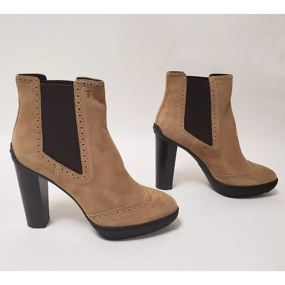TOD'S BOOTS ANKLE BEIGE SUEDE LEATHER BROGUE ELASTIC SIDES HIGH HEEL 40.5 10.5