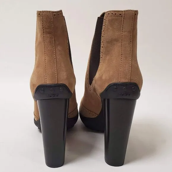 TOD'S BOOTS ANKLE BEIGE SUEDE LEATHER BROGUE ELASTIC SIDES HIGH HEEL 40.5 10.5