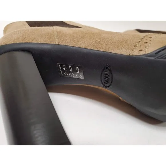 TOD'S BOOTS ANKLE BEIGE SUEDE LEATHER BROGUE ELASTIC SIDES HIGH HEEL 40.5 10.5
